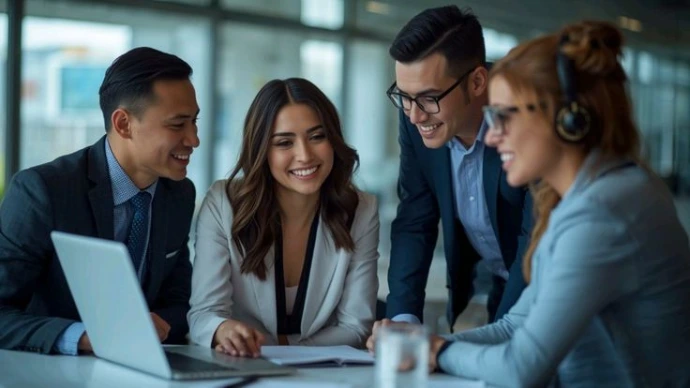 Professional recruitment consultants discussing hiring solutions with clients